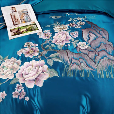 Red Gold Luxury Egyptian Cotton Peony Flower Embroidery Duvet Cover Bedding Set